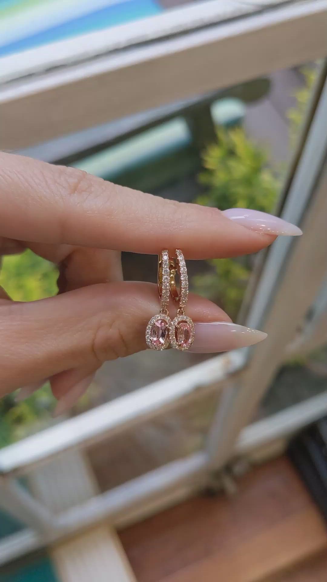 0.50 Ct.Tw. Padparadscha Sapphire and Natural Diamond Pave Earrings, 14K Rose Gold Size Video