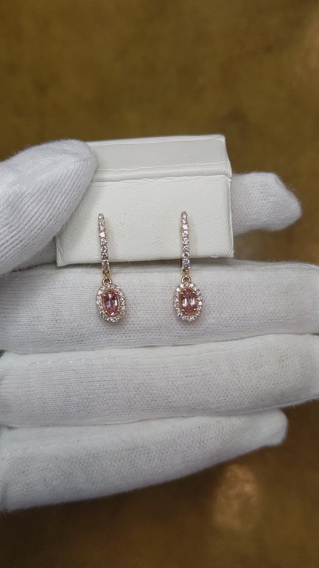 0.50 Ct.Tw. Padparadscha Sapphire and Natural Diamond Pave Earrings, 14K Rose Gold Size Video