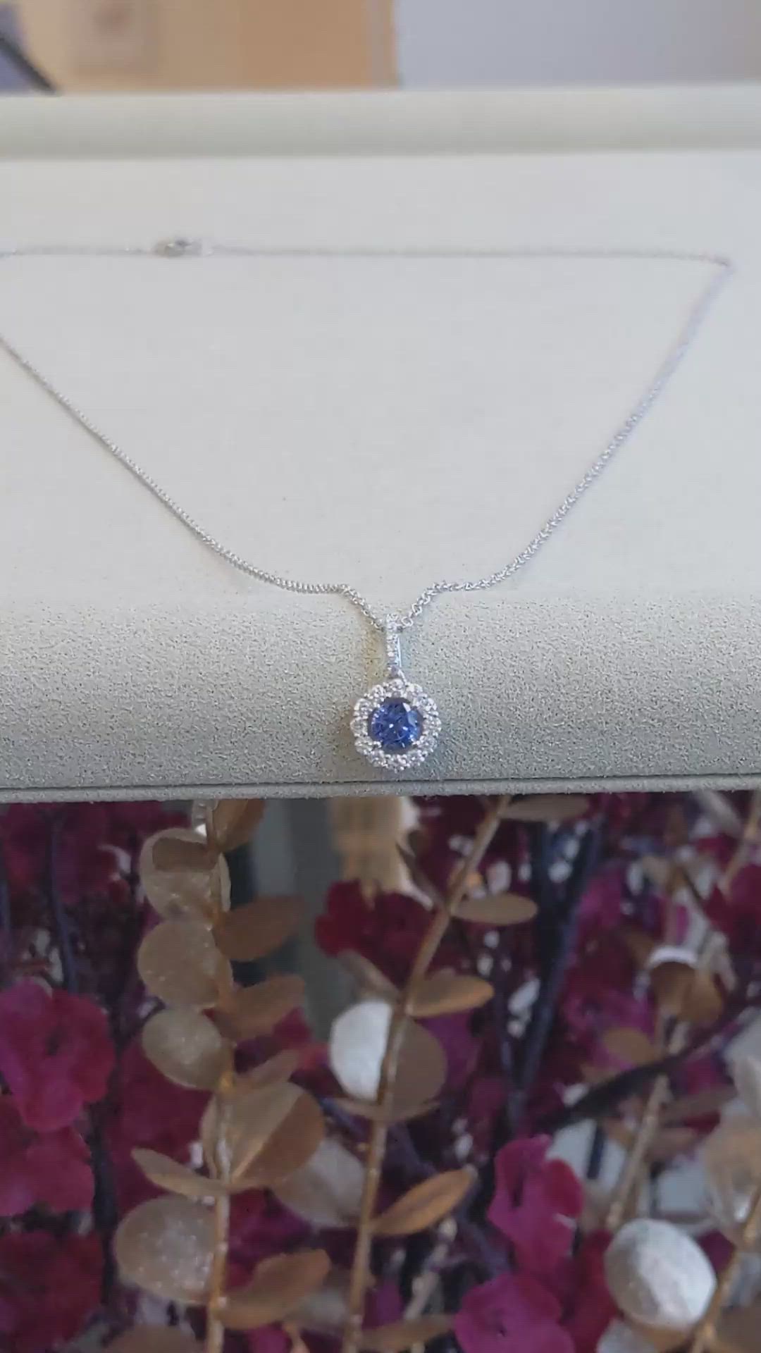 0.45 Ct. Blue Sapphire and Natural Diamond Pave Pendant, 18K White Gold Size Video