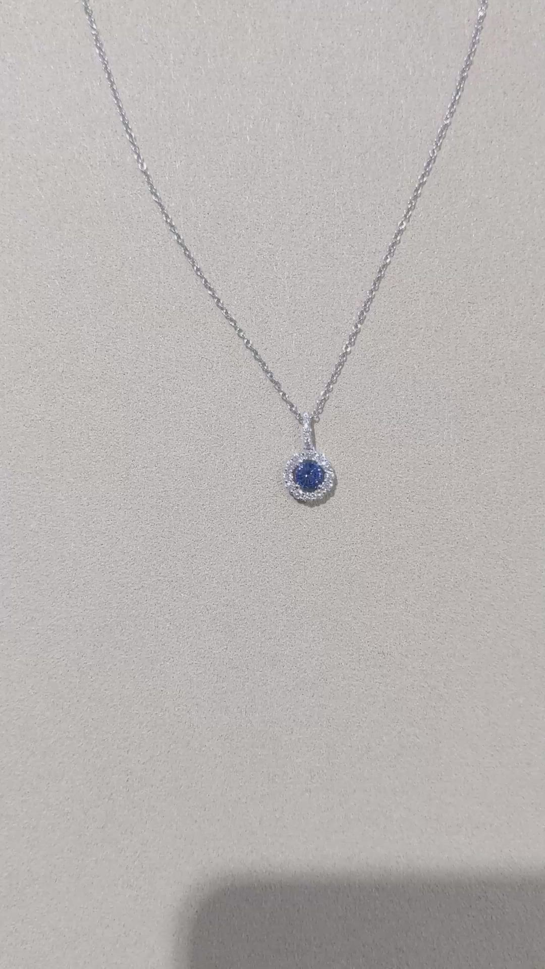 0.45 Ct. Blue Sapphire and Natural Diamond Pave Pendant, 18K White Gold Size Video