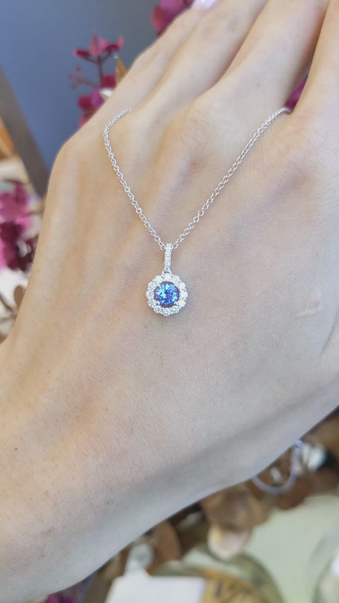 0.45 Ct. Blue Sapphire and Natural Diamond Pave Pendant, 18K White Gold Size Video
