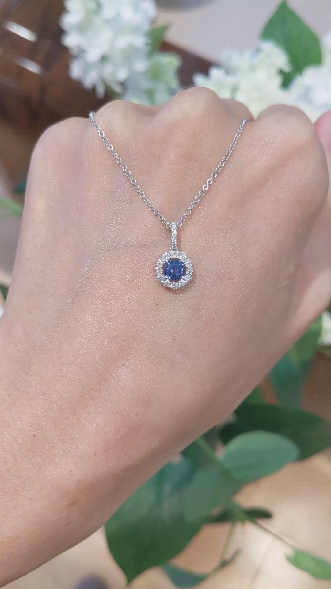 0.45 Ct. Blue Sapphire and Natural Diamond Pave Pendant, 18K White Gold Size Video