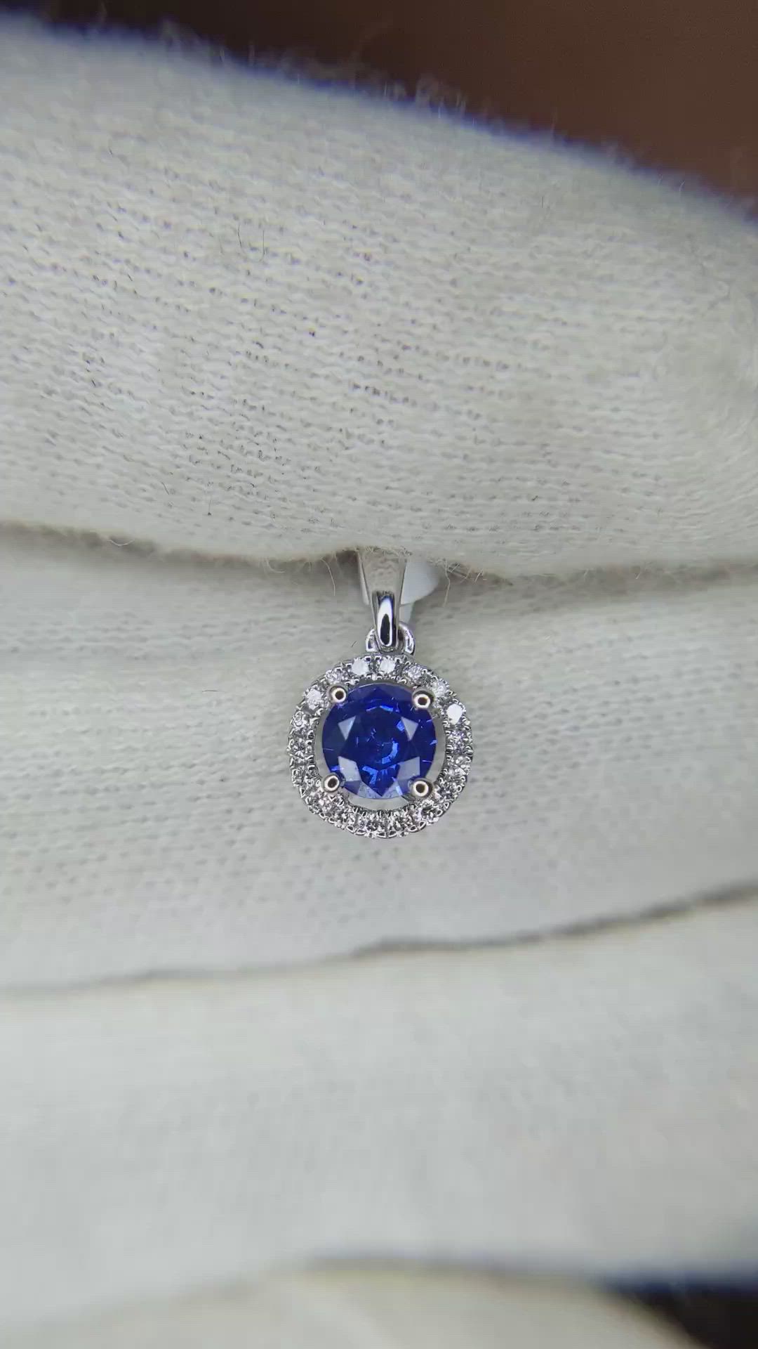 0.30 Ct. Blue Sapphire and Natural Diamond Pave Pendant, 14K White Gold Size Video