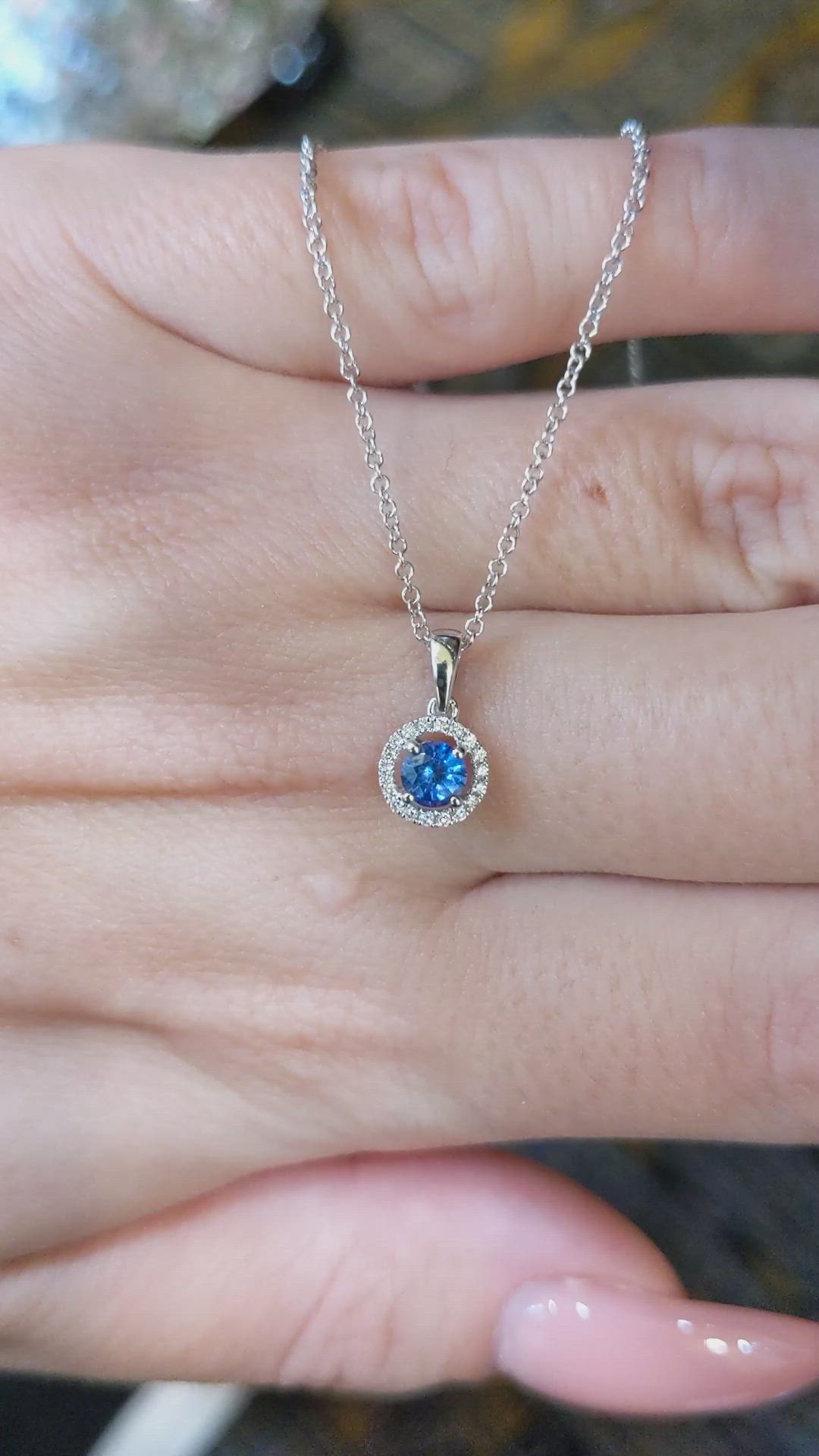 0.30 Ct. Blue Sapphire and Natural Diamond Pave Pendant, 14K White Gold Size Video