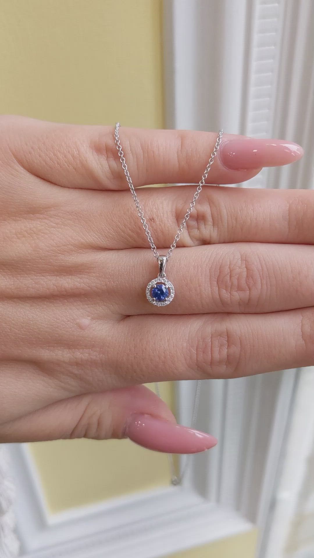 0.30 Ct. Blue Sapphire and Natural Diamond Pave Pendant, 14K White Gold Size Video