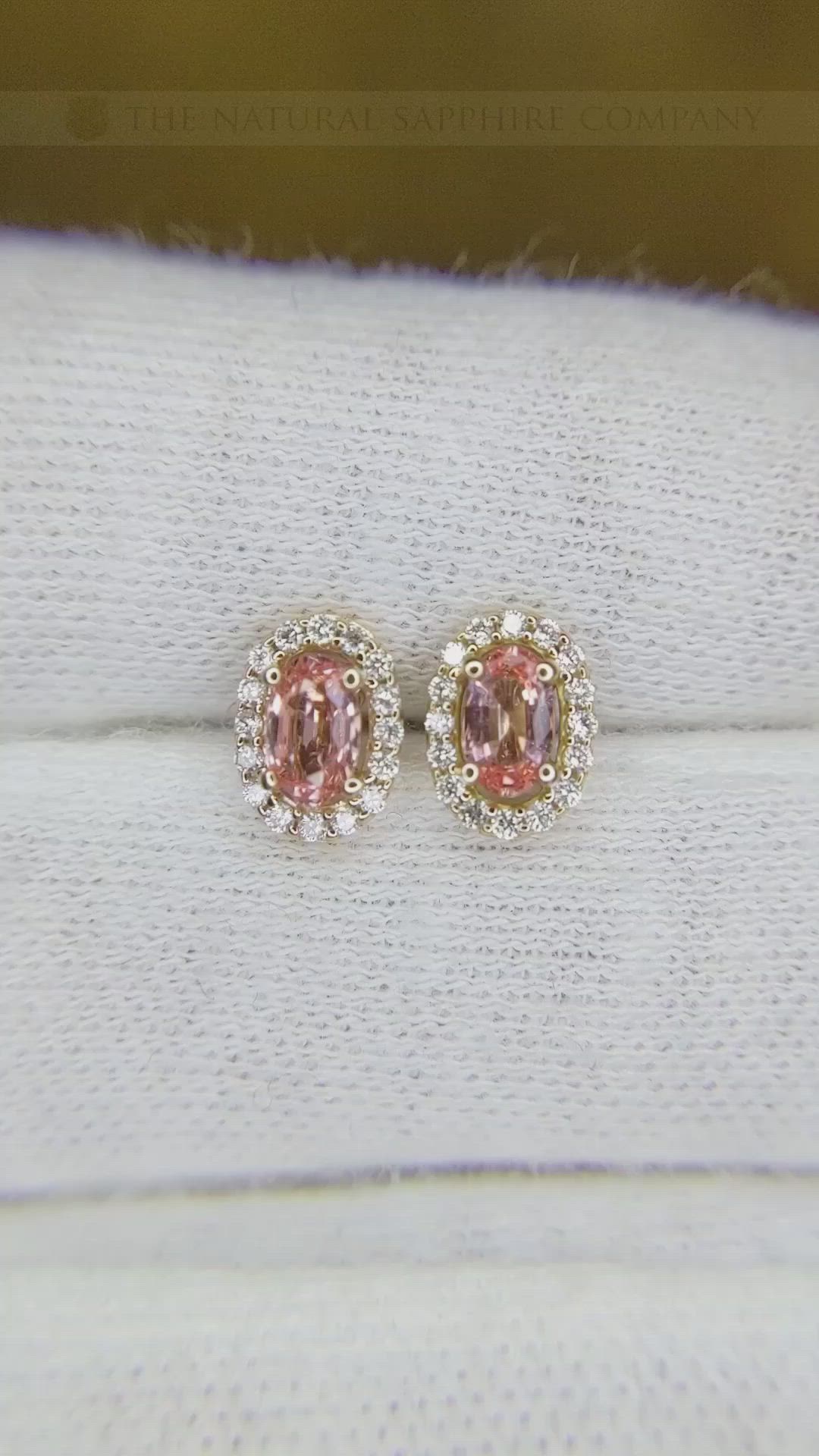 0.50 Ct.Tw. Padparadscha Sapphire and Natural Diamond Pave Earrings, 14K Rose Gold Size Video