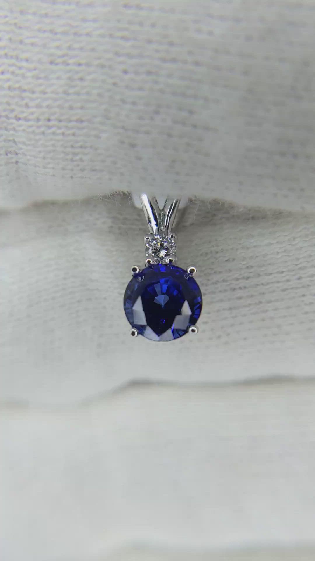 0.90 Ct. Blue Sapphire and Natural Diamond Solitaire Pendant, 14K White Gold Size Video