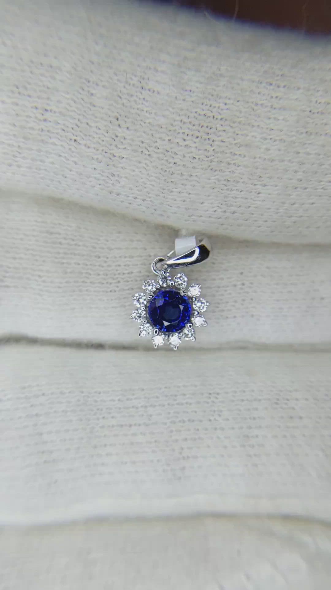 0.30 Ct. Blue Sapphire and Natural Diamond Halo Pendant, 18K White Gold Size Video