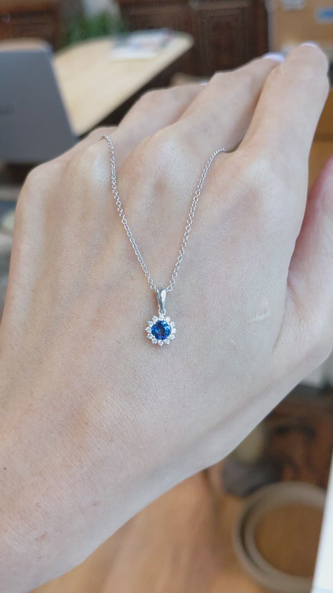 0.30 Ct. Blue Sapphire and Natural Diamond Halo Pendant, 18K White Gold Size Video