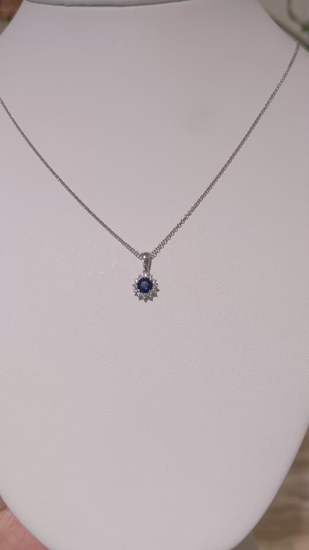 0.30 Ct. Blue Sapphire and Natural Diamond Halo Pendant, 18K White Gold Size Video