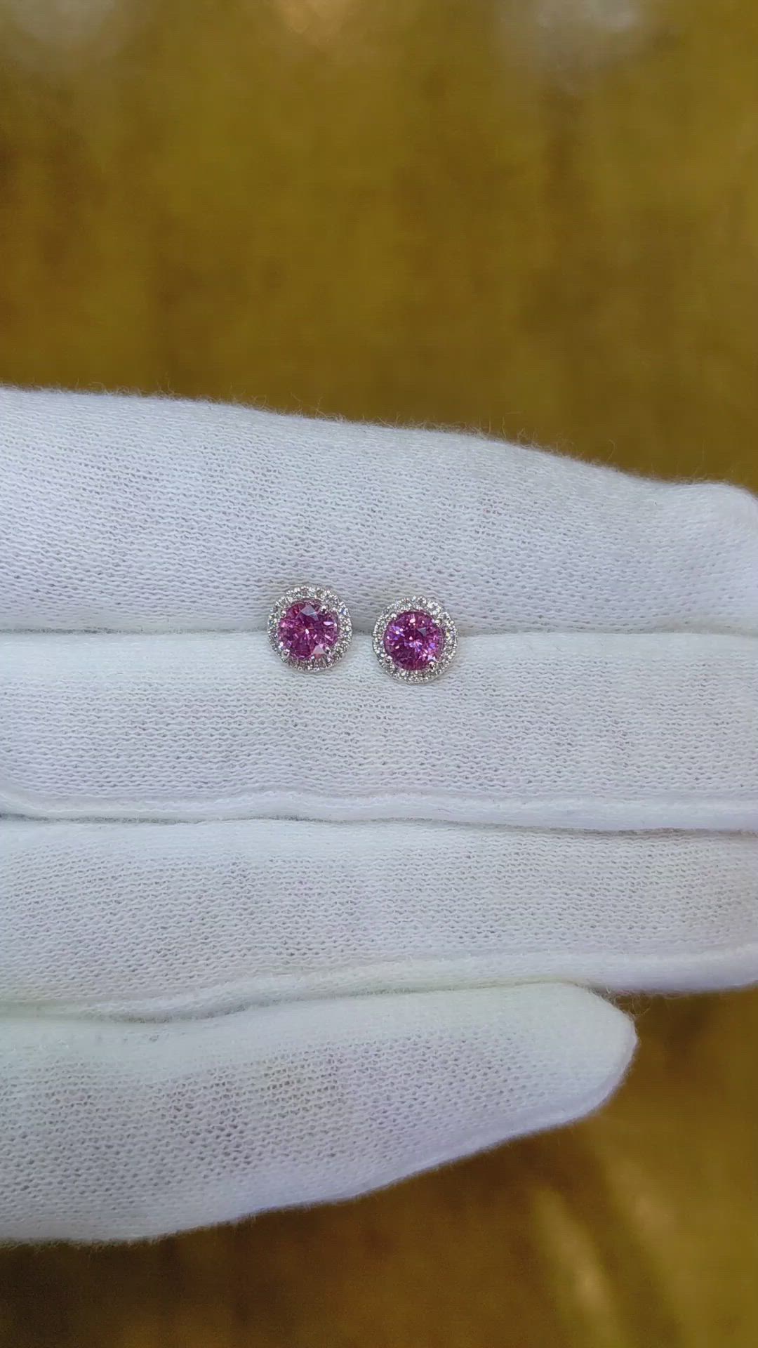 0.80 Ct.Tw. Pink Sapphire and Natural Diamond Pave Earrings, 18K White Gold Size Video