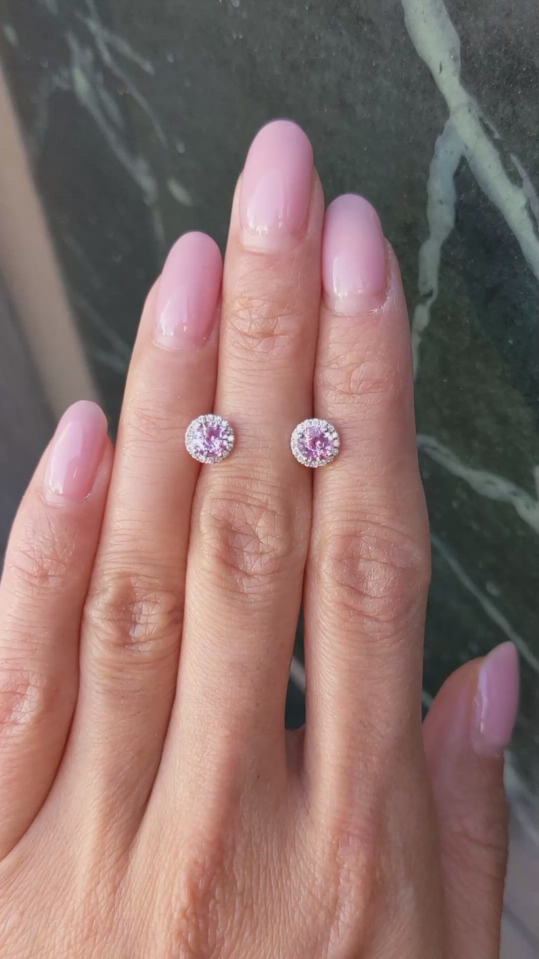 0.80&nbsp;Ct.Tw.Total Carat Weight Pink Sapphire and Natural Diamond Pave Earrings, 18K White Gold Size Video