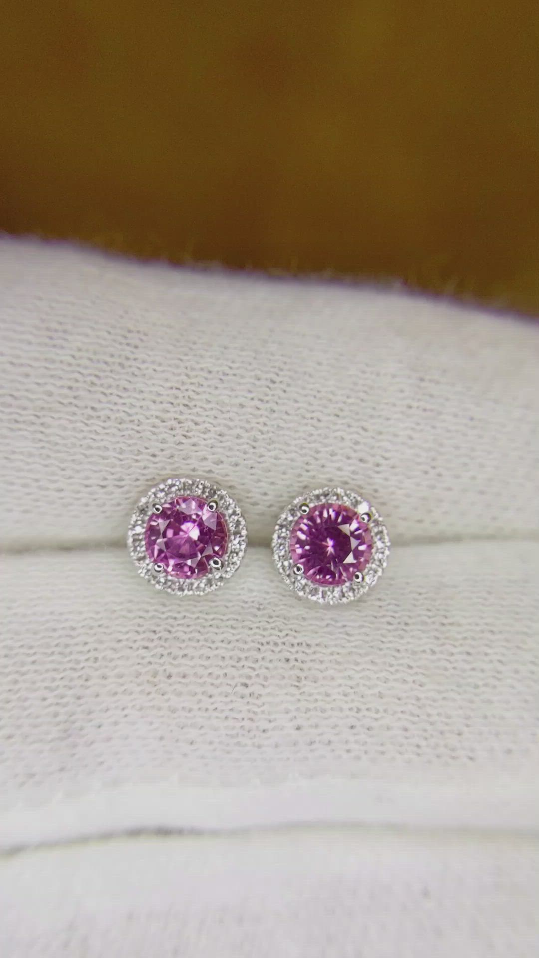 0.80 Ct.Tw. Pink Sapphire and Natural Diamond Pave Earrings, 18K White Gold Size Video