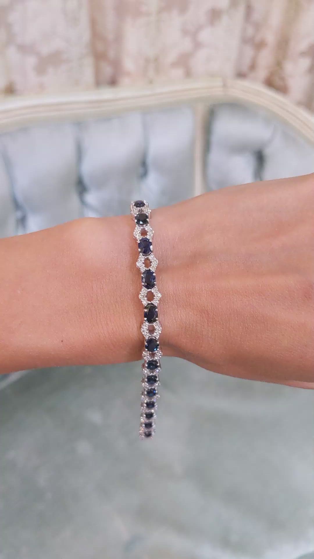 8.78 Ct.Tw. Blue Sapphire and Natural Diamond Tennis/Line Bracelet, 18K White Gold Size Video