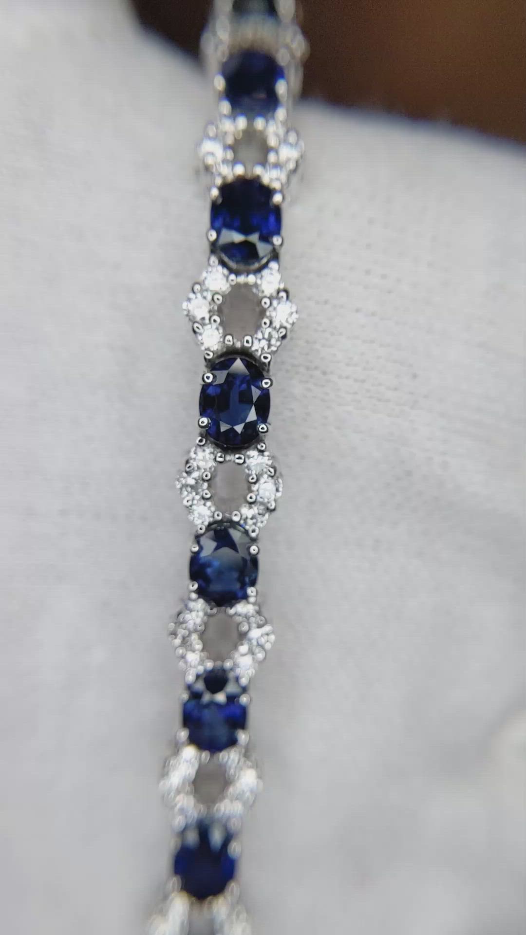 8.78 Ct.Tw. Blue Sapphire and Natural Diamond Tennis/Line Bracelet, 18K White Gold Size Video