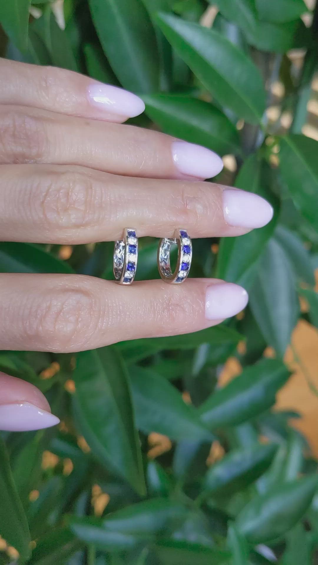 0.34&nbsp;Ct.Tw.Total Carat Weight Blue Sapphire and Natural Diamond Hoops Earrings, 14K White Gold Size Video