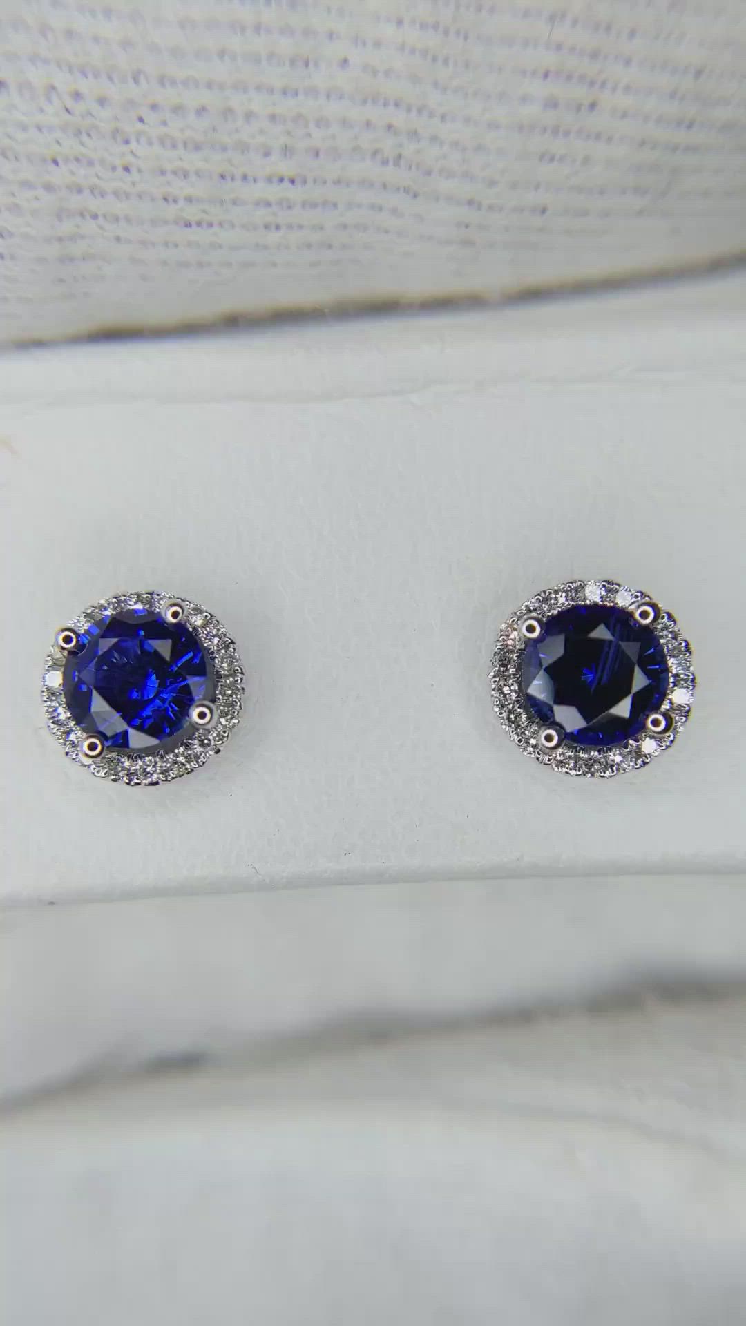 1.25 Ct.Tw. Blue Sapphire and Natural Diamond Pave Earrings, 18K White Gold Size Video