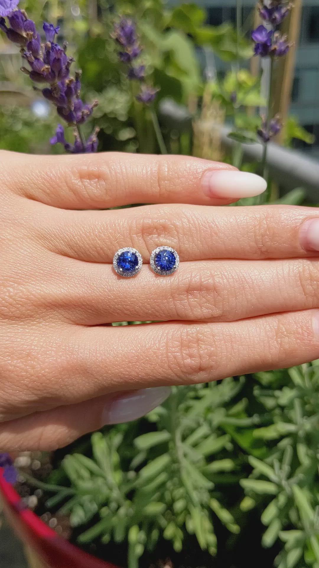 1.20 Ct.Tw.Total Carat Weight Blue Sapphire and Natural Diamond Studs Earrings, 18K White Gold Size Video