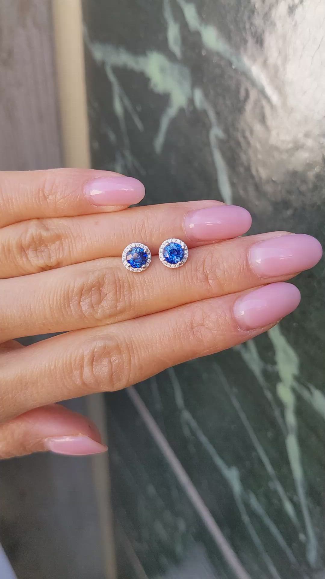 1.20 Ct.Tw.Total Carat Weight Blue Sapphire and Natural Diamond Studs Earrings, 18K White Gold Size Video