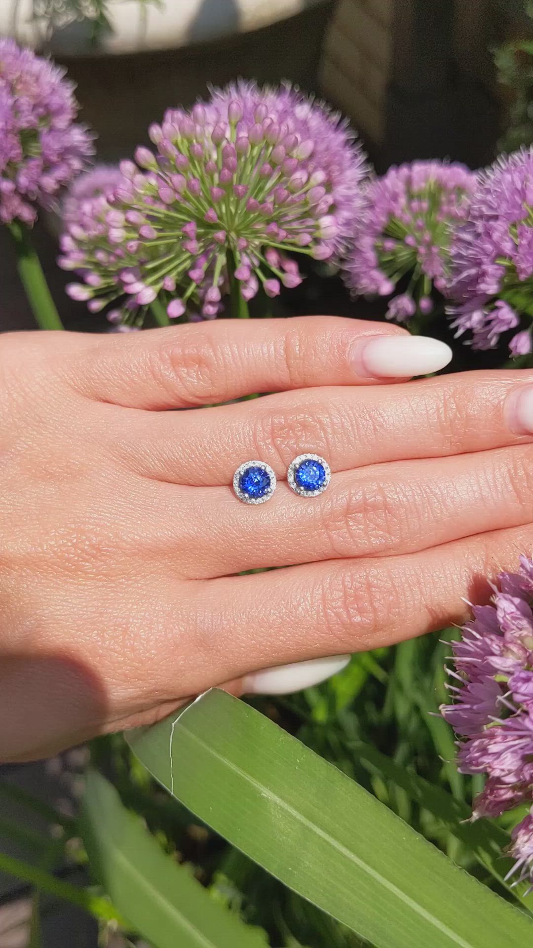 1.20 Ct.Tw.Total Carat Weight Blue Sapphire and Natural Diamond Studs Earrings, 18K White Gold Size Video