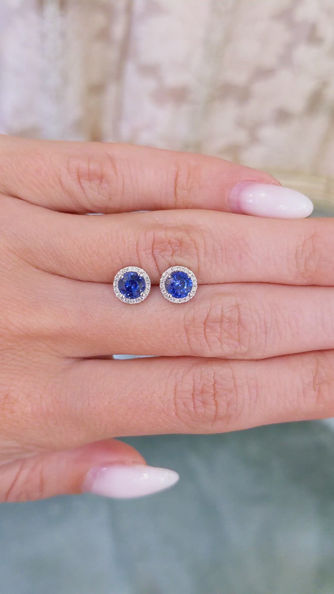 1.20 Ct.Tw.Total Carat Weight Blue Sapphire and Natural Diamond Studs Earrings, 18K White Gold Size Video