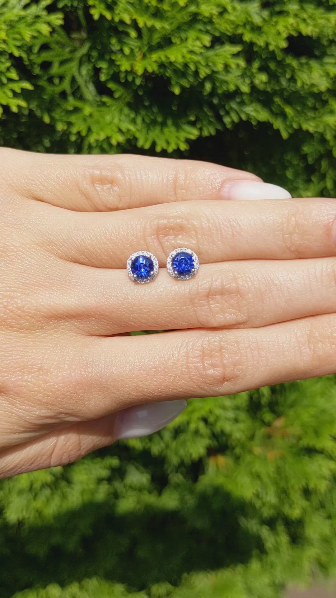 1.20 Ct.Tw.Total Carat Weight Blue Sapphire and Natural Diamond Studs Earrings, 18K White Gold Size Video