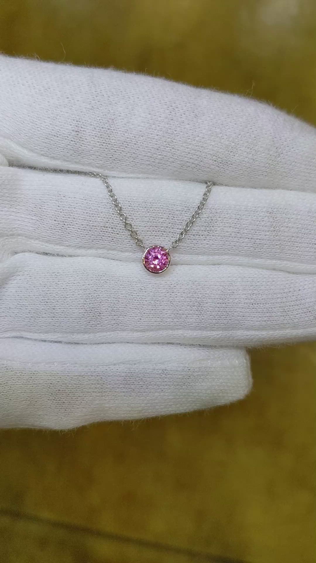 0.42 Ct. Pink Sapphire Bezel Necklace, 14K White Gold Size Video