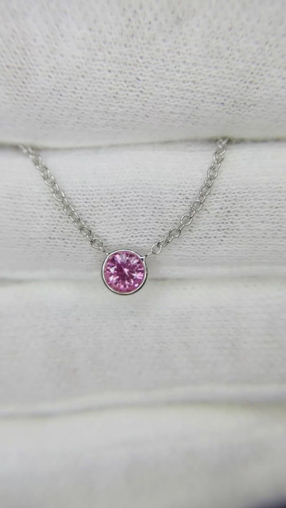 0.42 Ct. Pink Sapphire Bezel Necklace, 14K White Gold Size Video
