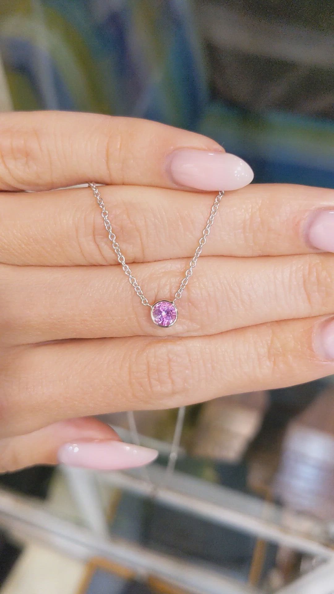 0.42 Ct. Pink Sapphire Bezel Necklace, 14K White Gold Size Video
