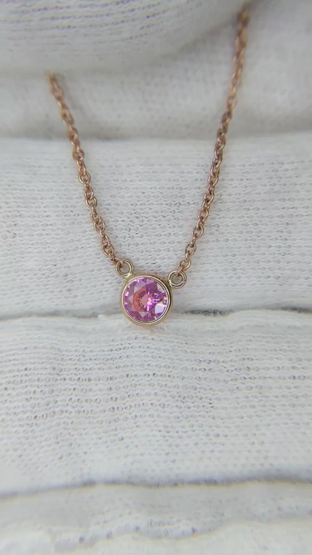 0.42 Ct. Pink Sapphire Bezel Necklace, 14K Rose Gold Size Video