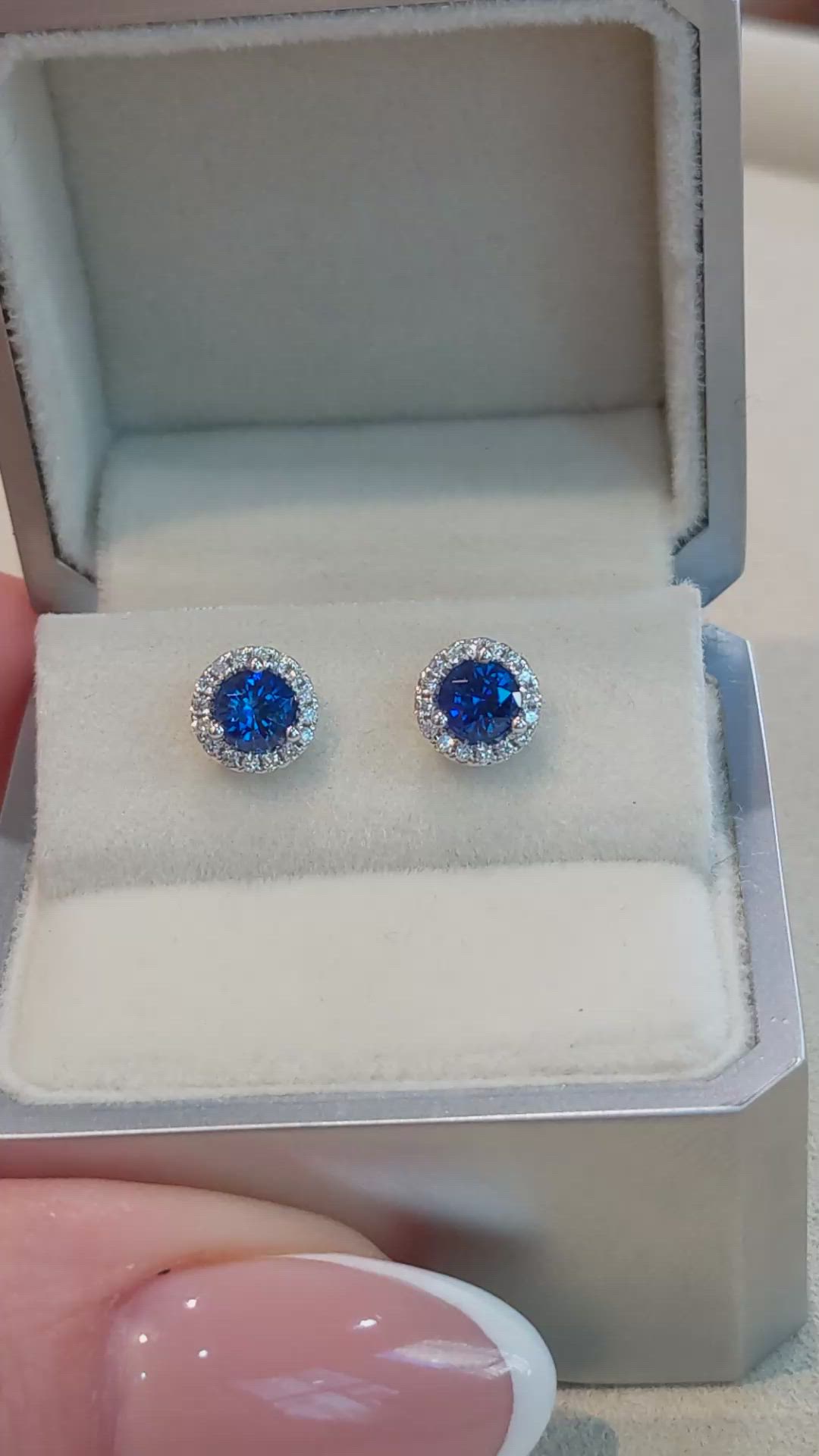 0.90 Ct.Tw.Total Carat Weight Blue Sapphire and Natural Diamond Pave Earrings, 18K White Gold Size Video