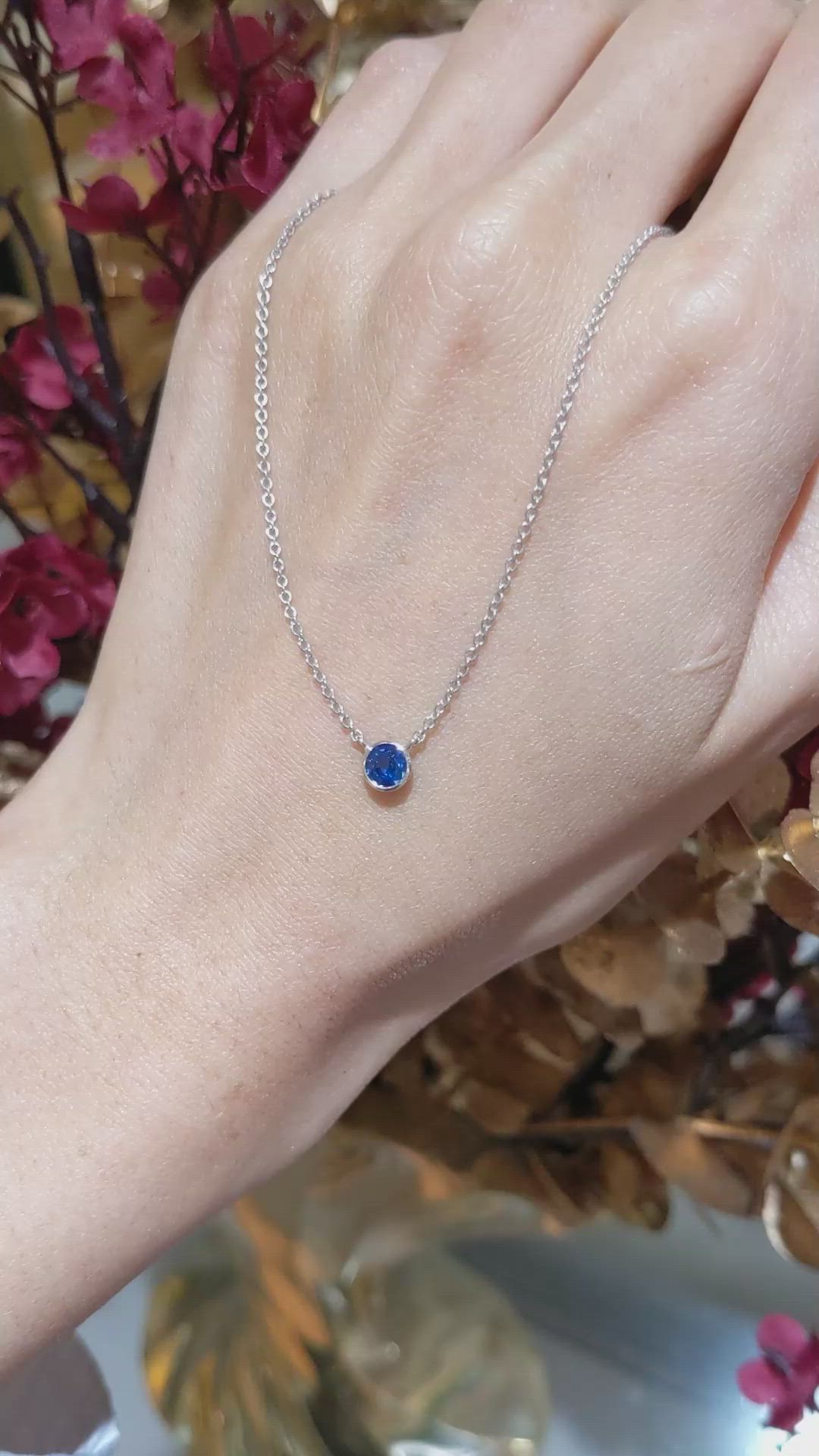 0.45 Ct. Blue Sapphire Bezel Necklace, 14K White Gold Size Video