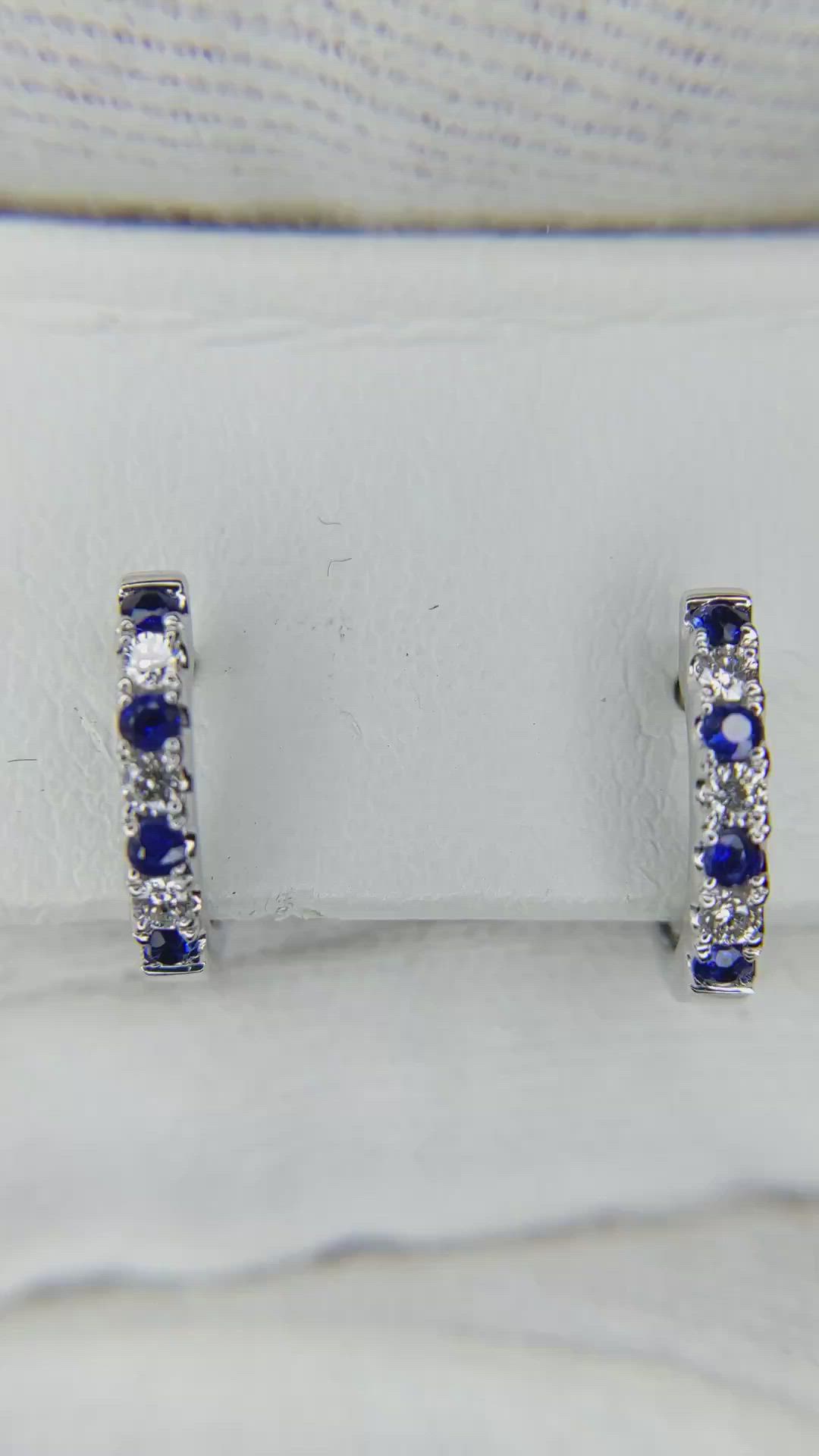 0.13&nbsp;Ct.Tw.Total Carat Weight Blue Sapphire and Natural Diamond Hoops Earrings, 14K White Gold Size Video