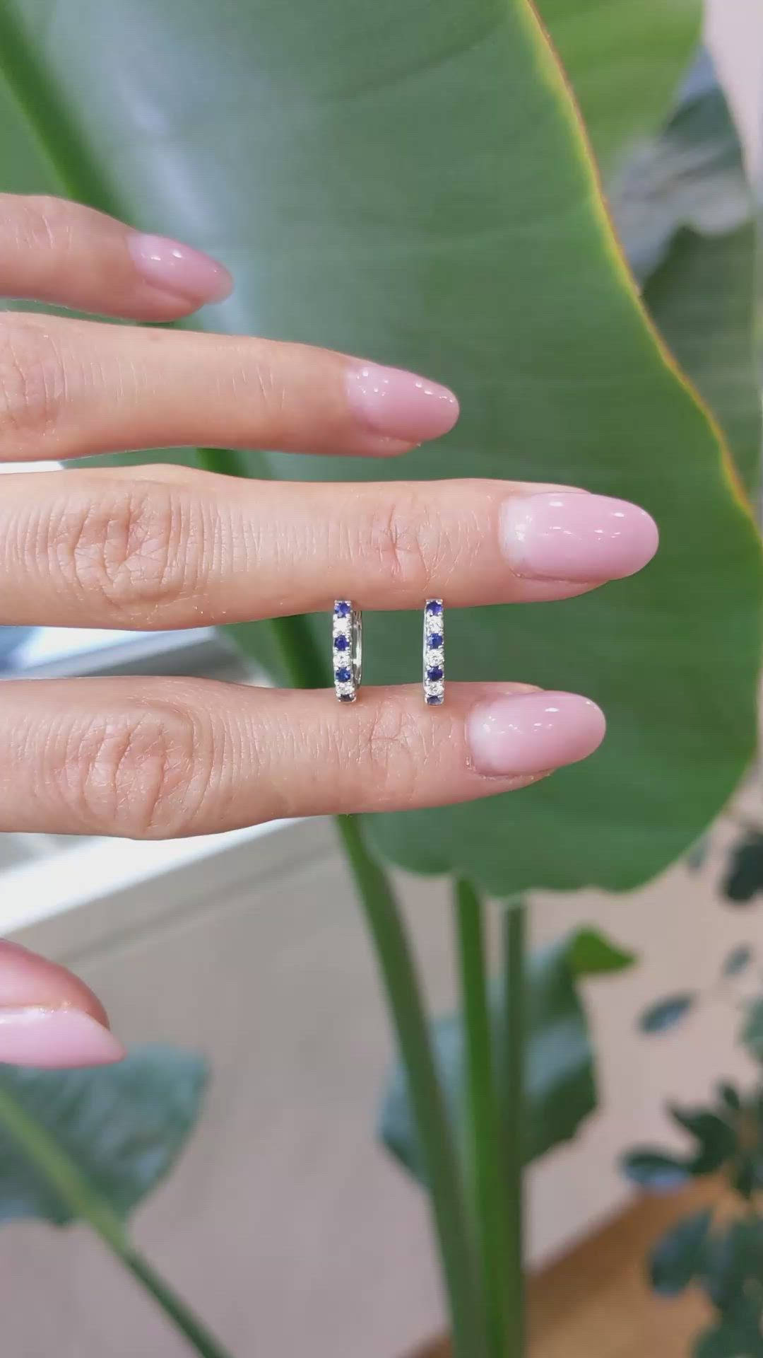 0.13&nbsp;Ct.Tw.Total Carat Weight Blue Sapphire and Natural Diamond Hoops Earrings, 14K White Gold Size Video