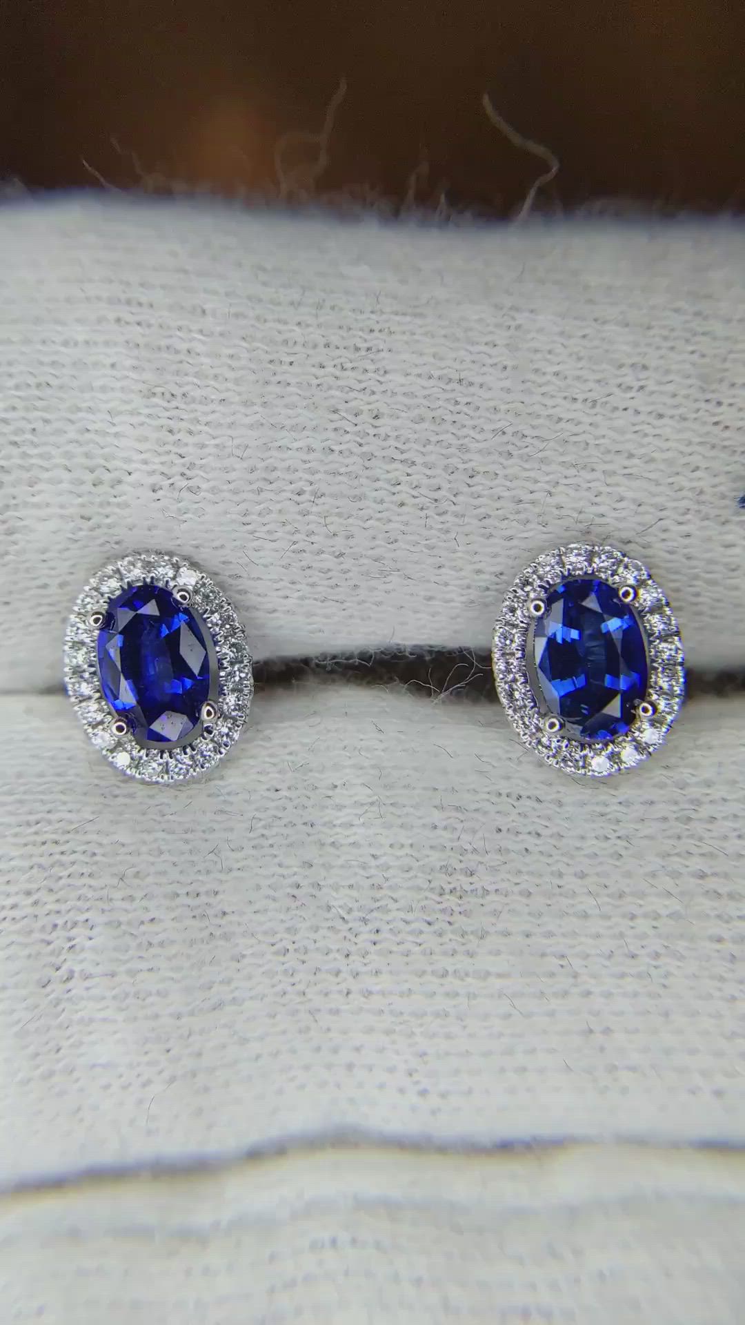 1.00 Ct.Tw. Blue Sapphire and Natural Diamond Pave Earrings, 14K White Gold Size Video