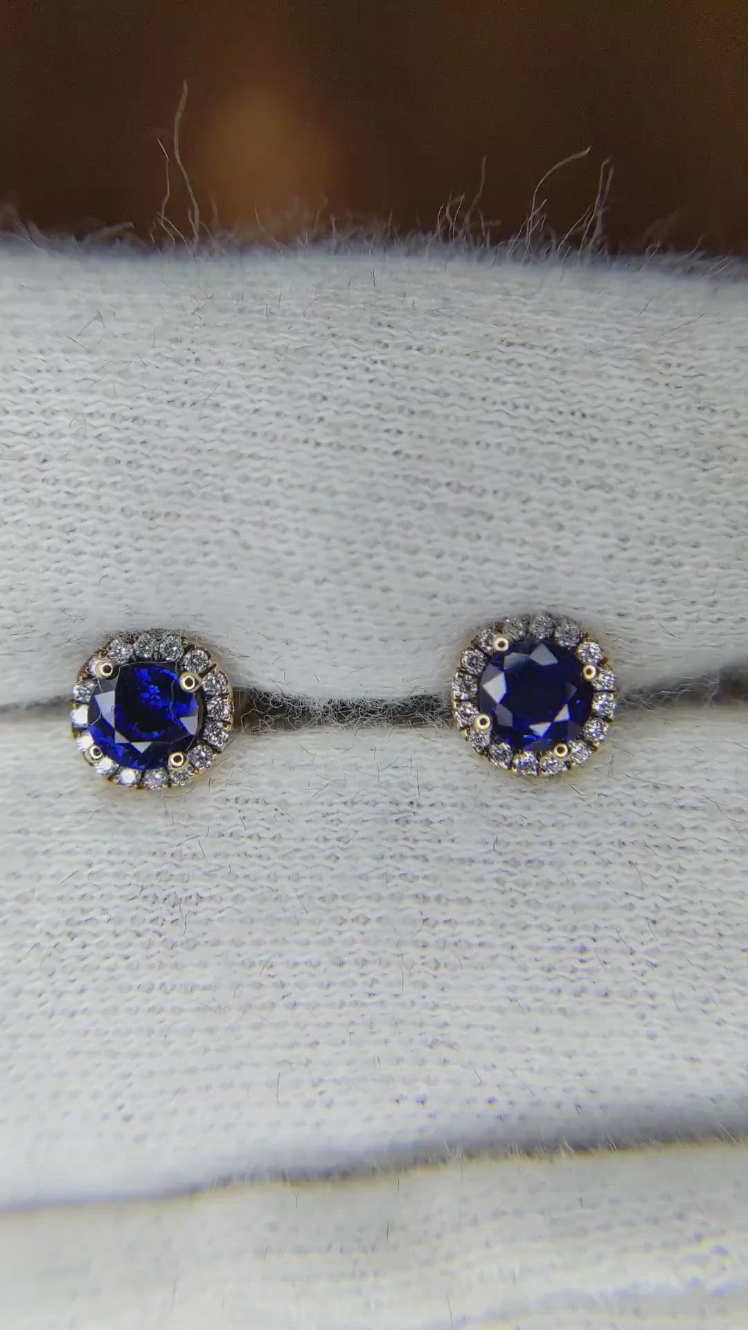 0.75 Ct.Tw. Blue Sapphire and Natural Diamond Pave Earrings, 14K Yellow Gold Size Video