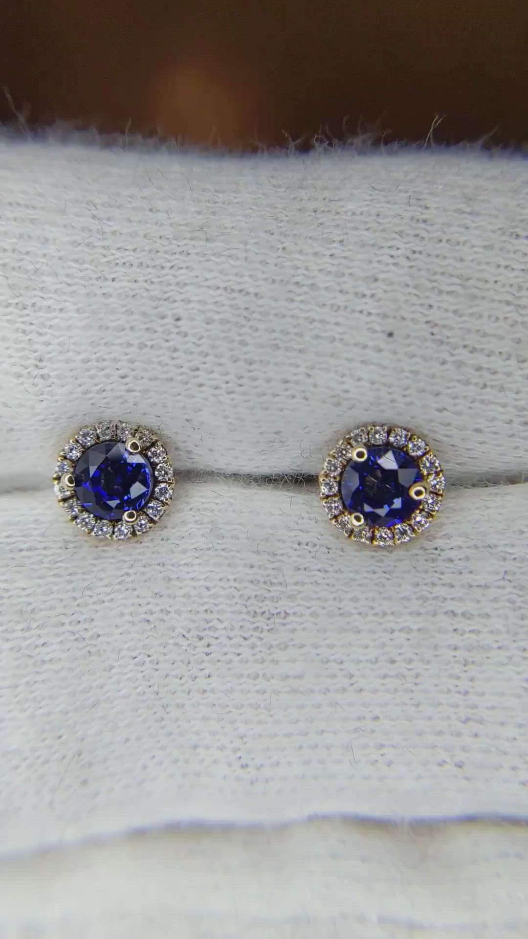 0.75 Ct.Tw. Blue Sapphire and Natural Diamond Pave Earrings, 18K Yellow Gold Size Video