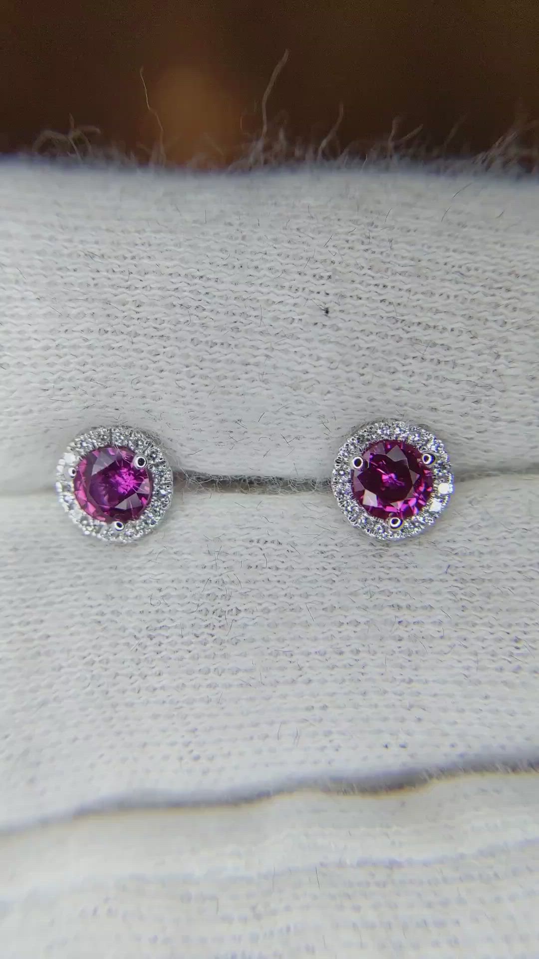 0.65 Ct.Tw. Pink Sapphire and Natural Diamond Pave Earrings, 18K White Gold Size Video