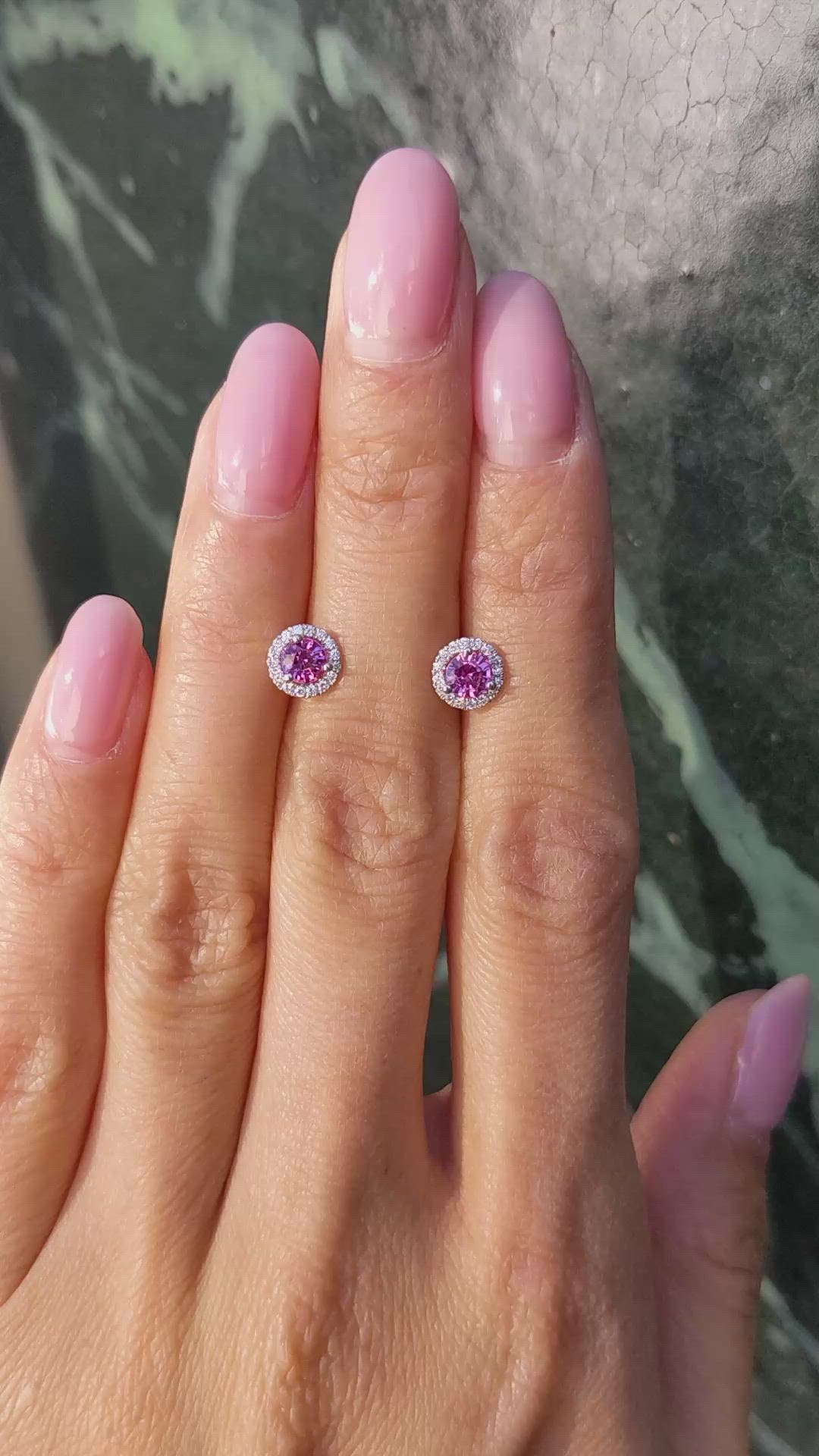 0.65&nbsp;Ct.Tw.Total Carat Weight Pink Sapphire and Natural Diamond Pave Earrings, 18K White Gold Size Video