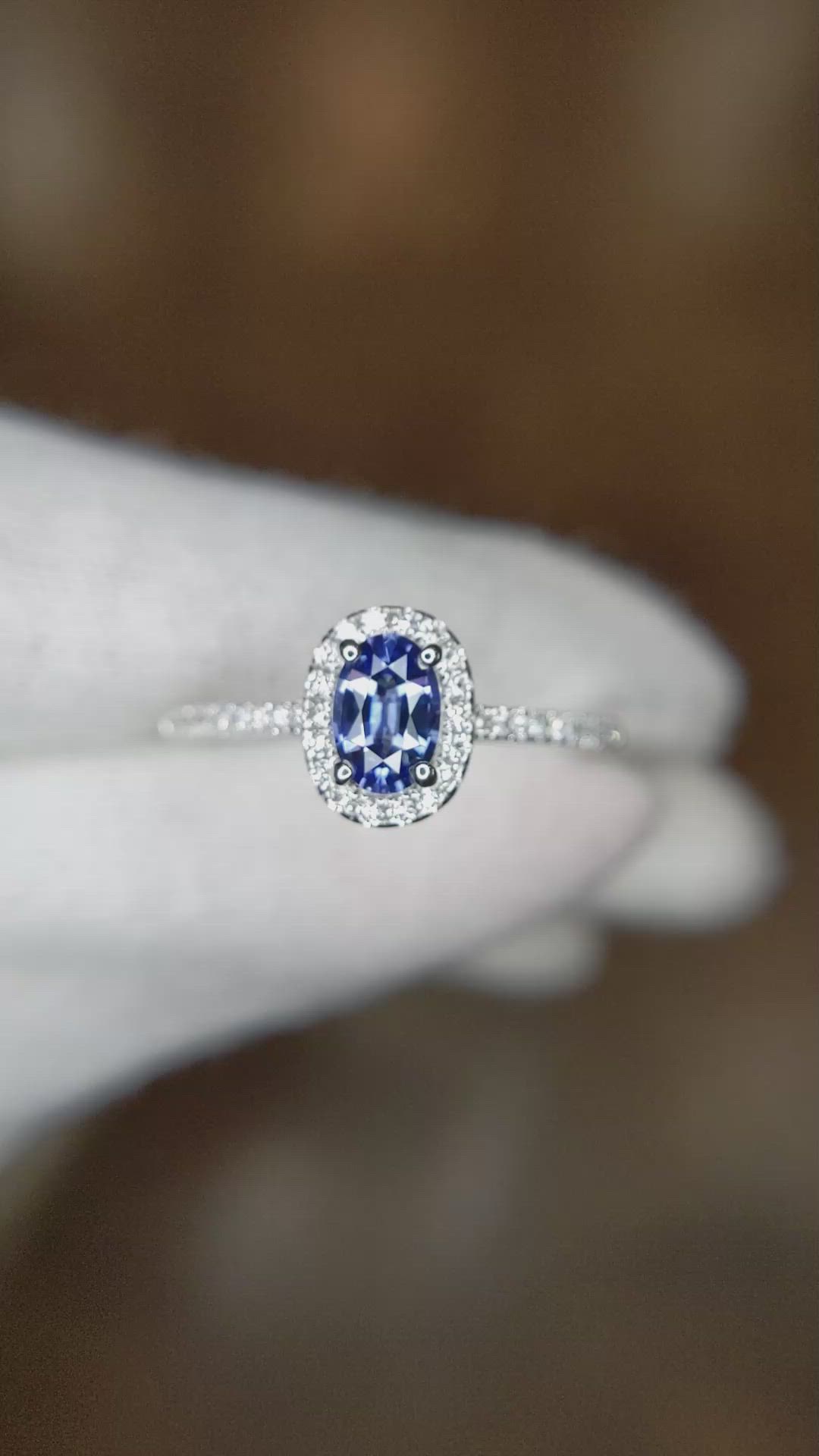0.50 Ct. Blue Sapphire and Natural Diamond Pave Ring, 18K White Gold Size Video