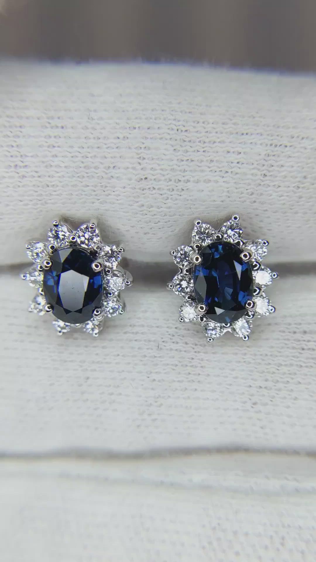 2.20 Ct.Tw. Blue Sapphire and Natural Diamond Halo Earrings, 18K White Gold Size Video