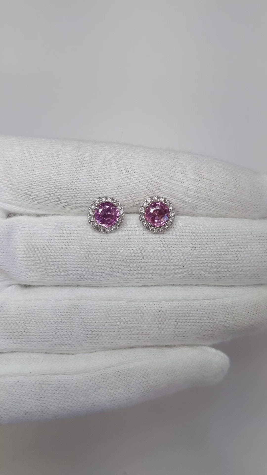 1.70 Ct.Tw. Pink Sapphire and Natural Diamond Pave Earrings, 18K White Gold Size Video
