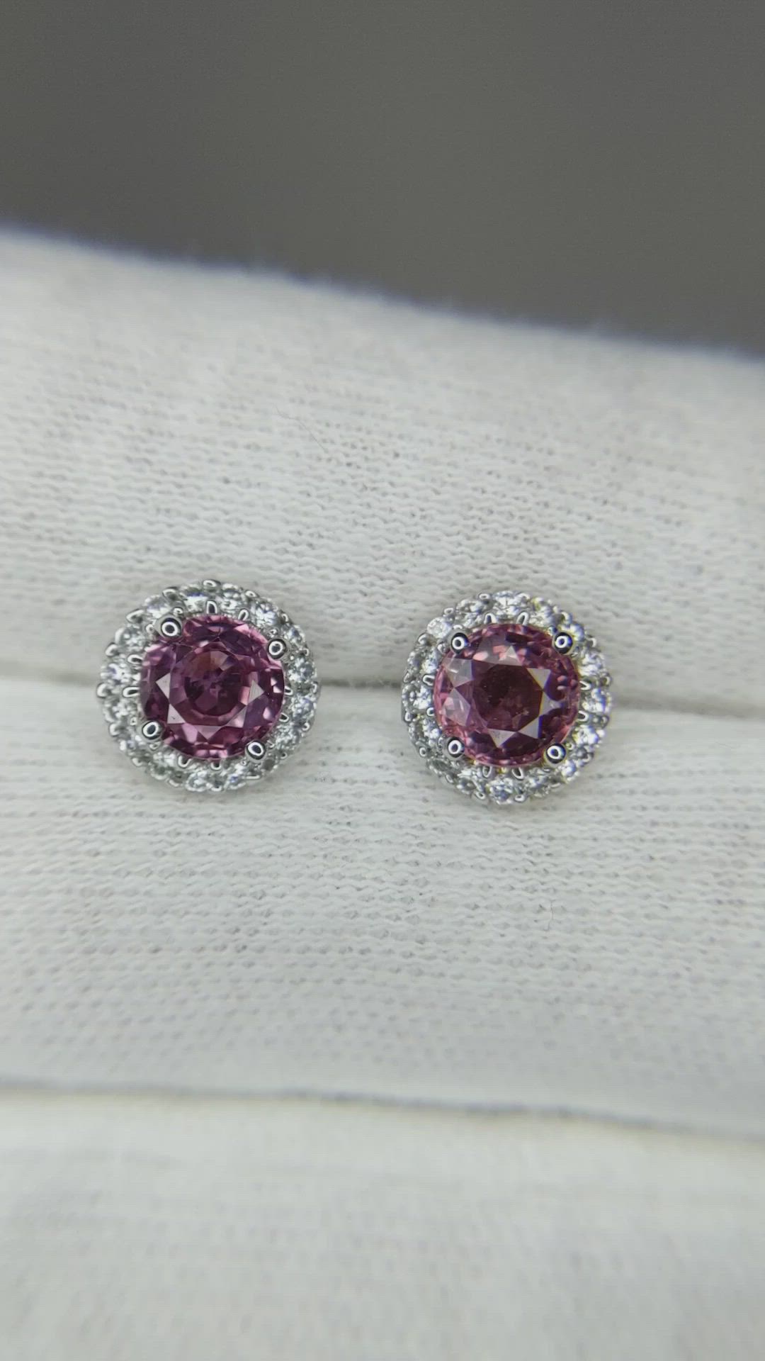 1.70 Ct.Tw. Pink Sapphire and Natural Diamond Pave Earrings, 18K White Gold Size Video