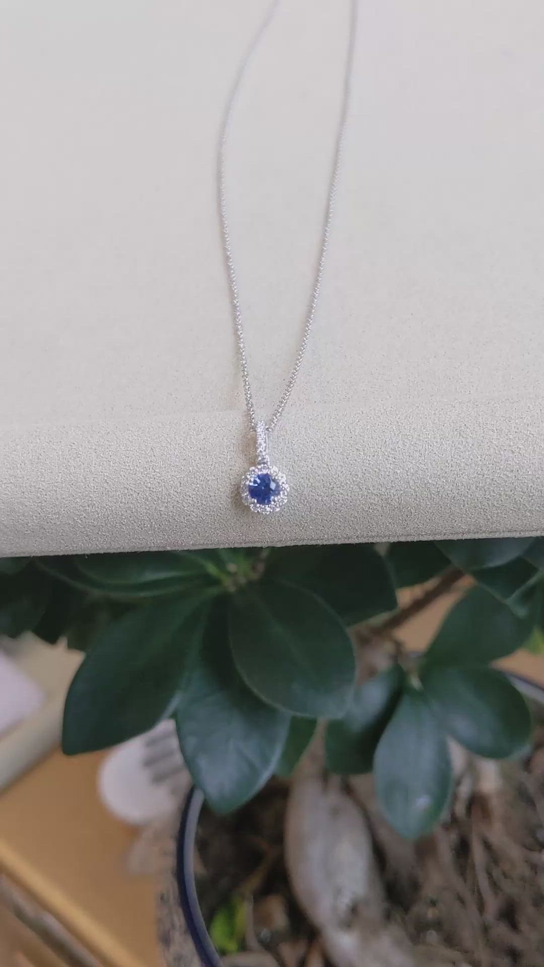 0.32 Ct. Blue Sapphire and Natural Diamond Pave Pendant, 18K White Gold Size Video