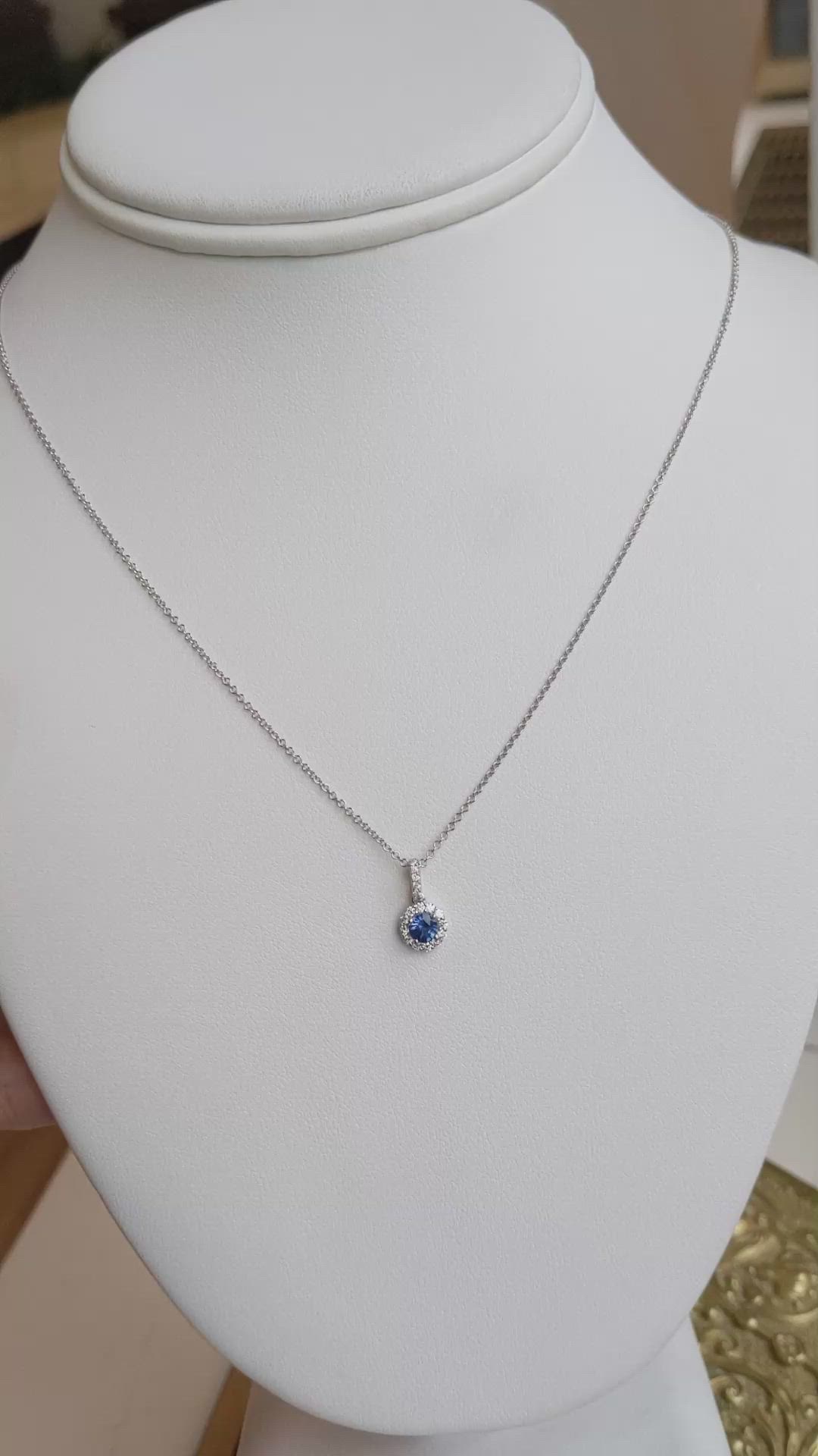 0.32 Ct. Blue Sapphire and Natural Diamond Pave Pendant, 18K White Gold Size Video