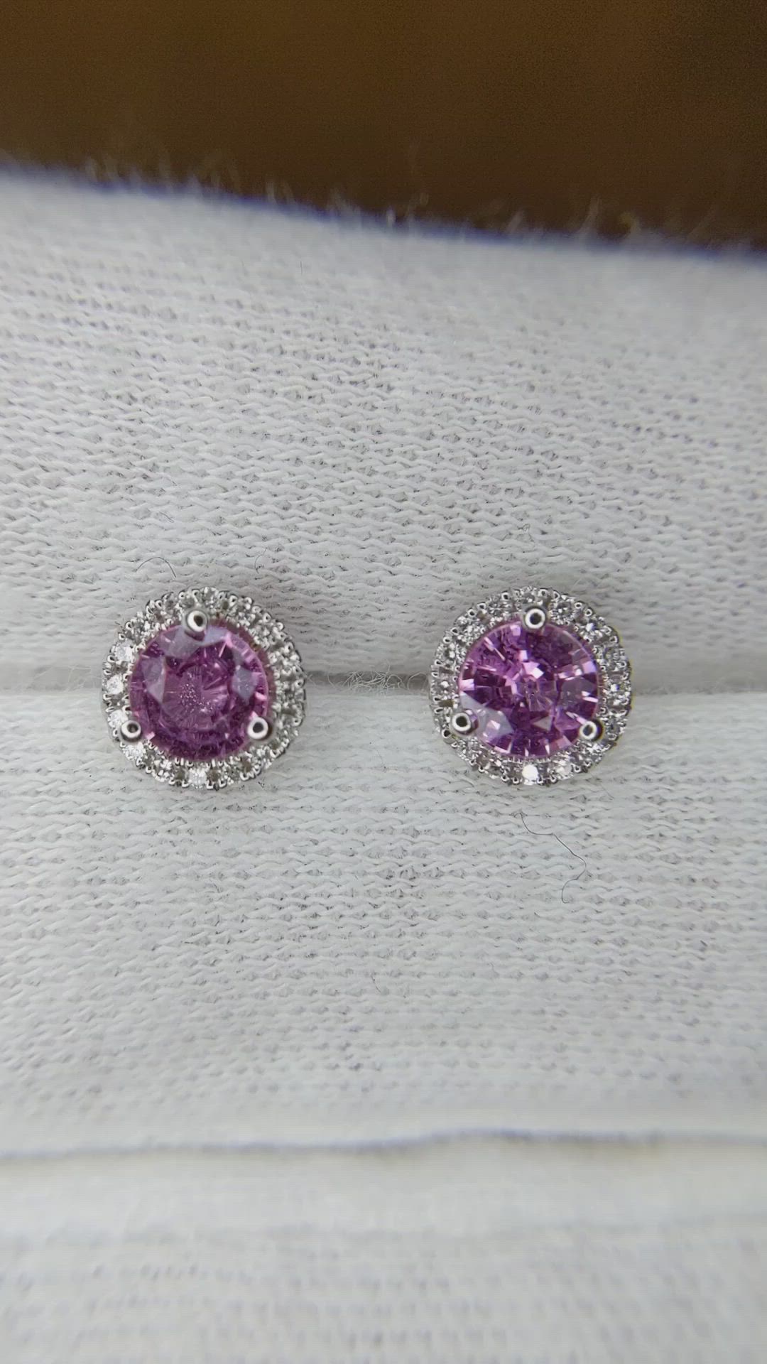 0.85&nbsp;Ct.Tw.Total Carat Weight Pink Sapphire and Natural Diamond Pave Earrings, 18K White Gold Size Video