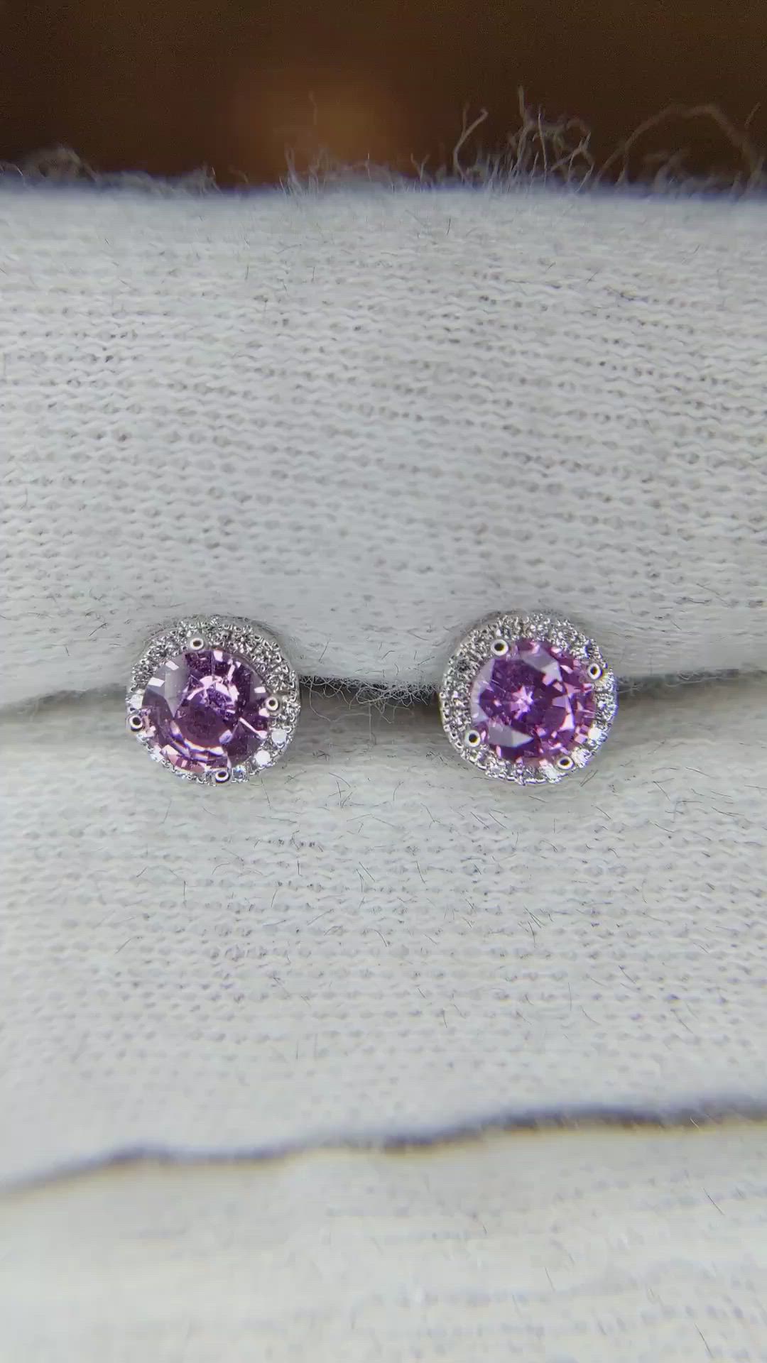 0.65 Ct.Tw. Pink Sapphire and Natural Diamond Pave Earrings, 18K White Gold Size Video