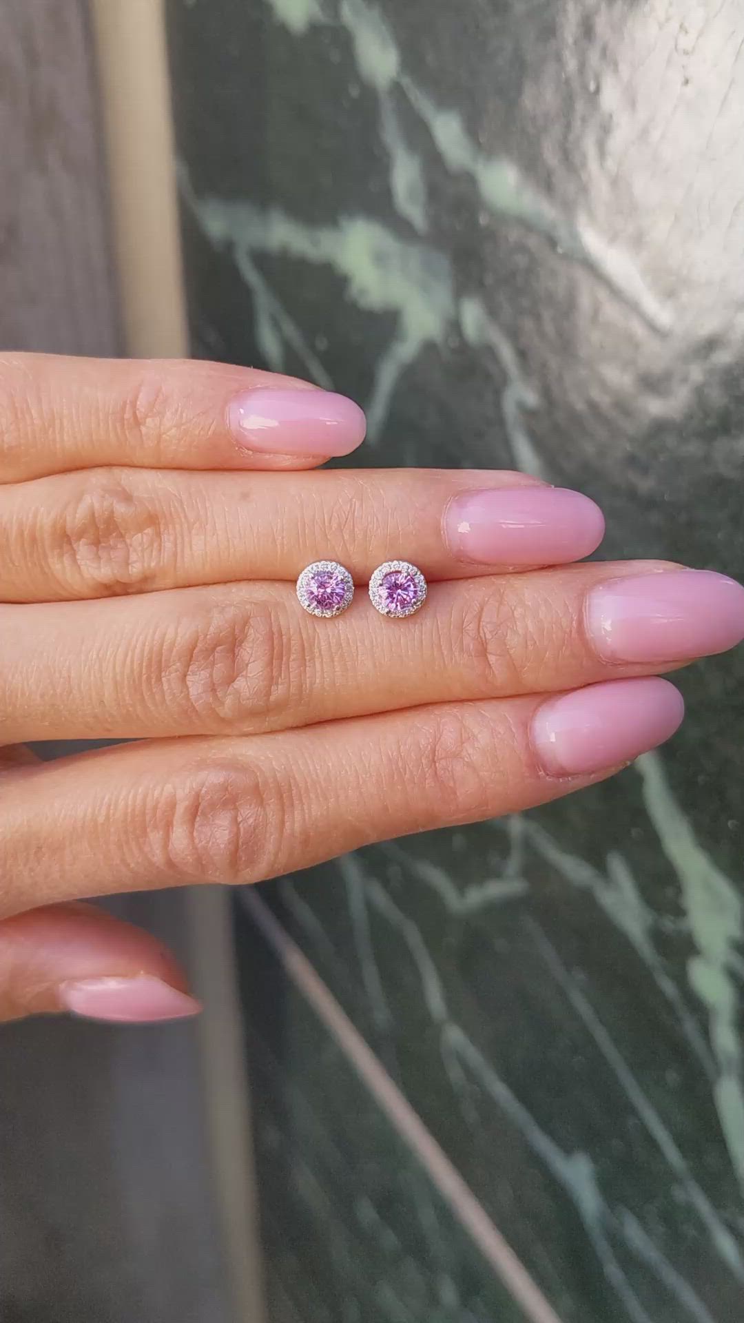 0.65&nbsp;Ct.Tw.Total Carat Weight Pink Sapphire and Natural Diamond Pave Earrings, 18K White Gold Size Video