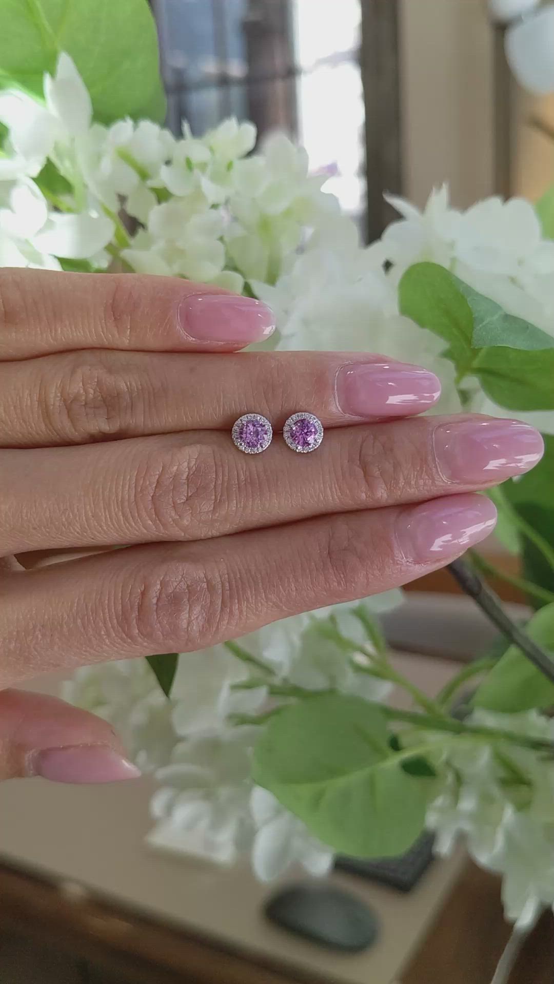 0.65&nbsp;Ct.Tw.Total Carat Weight Pink Sapphire and Natural Diamond Pave Earrings, 18K White Gold Size Video