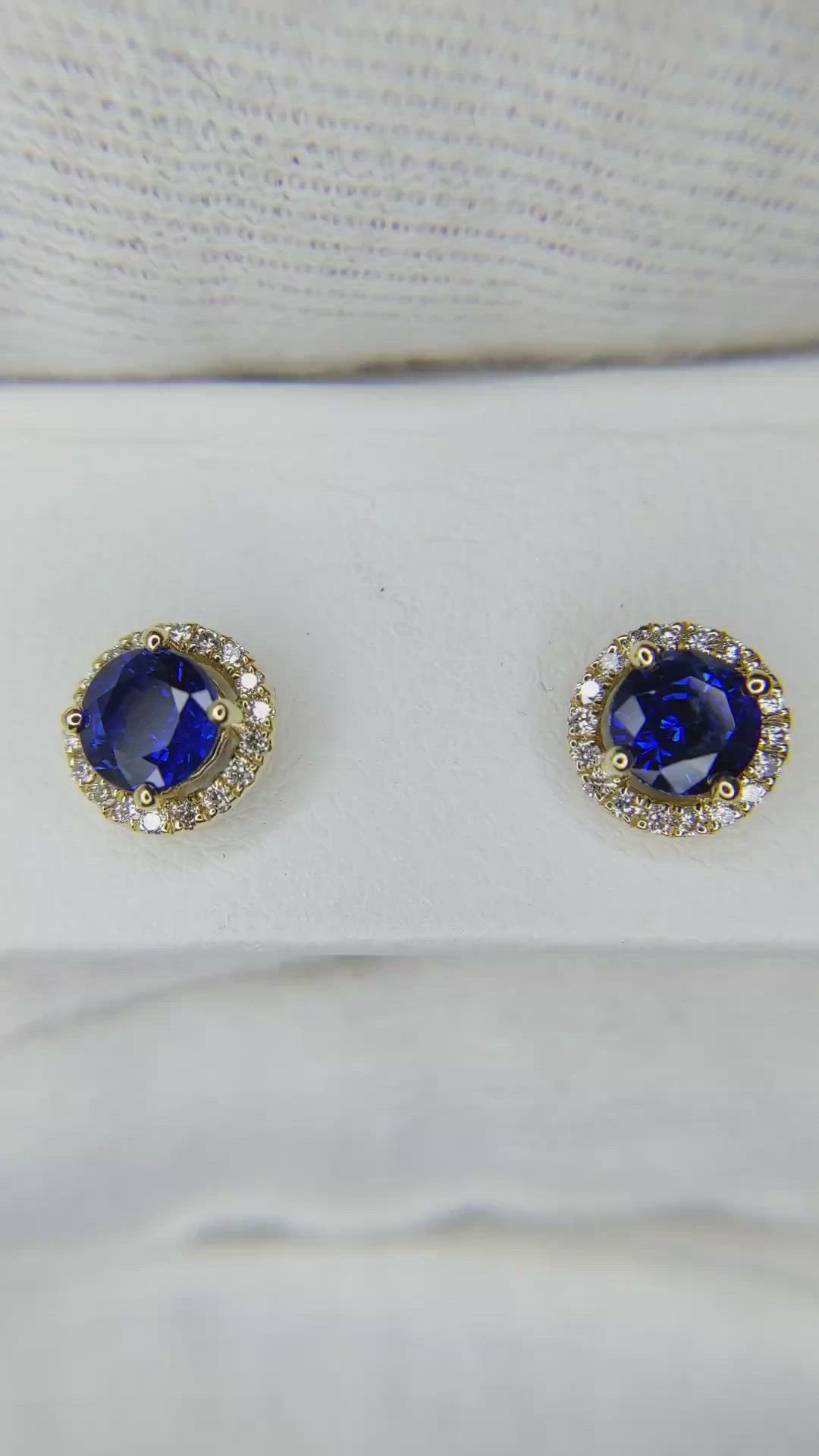 1.25 Ct.Tw. Blue Sapphire and Natural Diamond Pave Earrings, 18K Yellow Gold Size Video